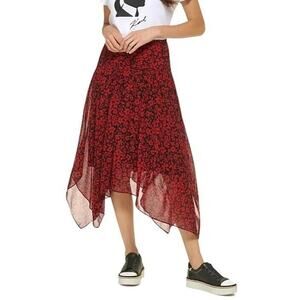 Karl Lagerfeld Skirt Womens 2 Black Red Floral Ruched Handkerchief Fairy Grunge